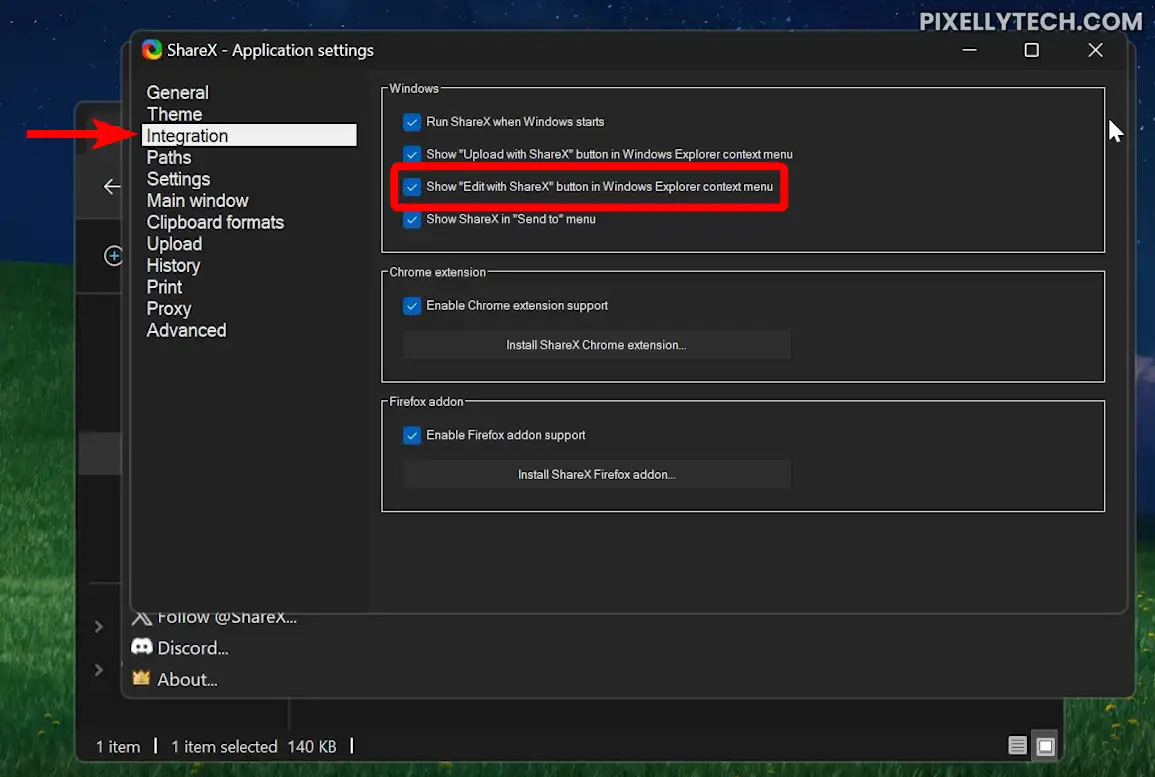 Enable ShareX Image Editor From Intergration Under Application Settings