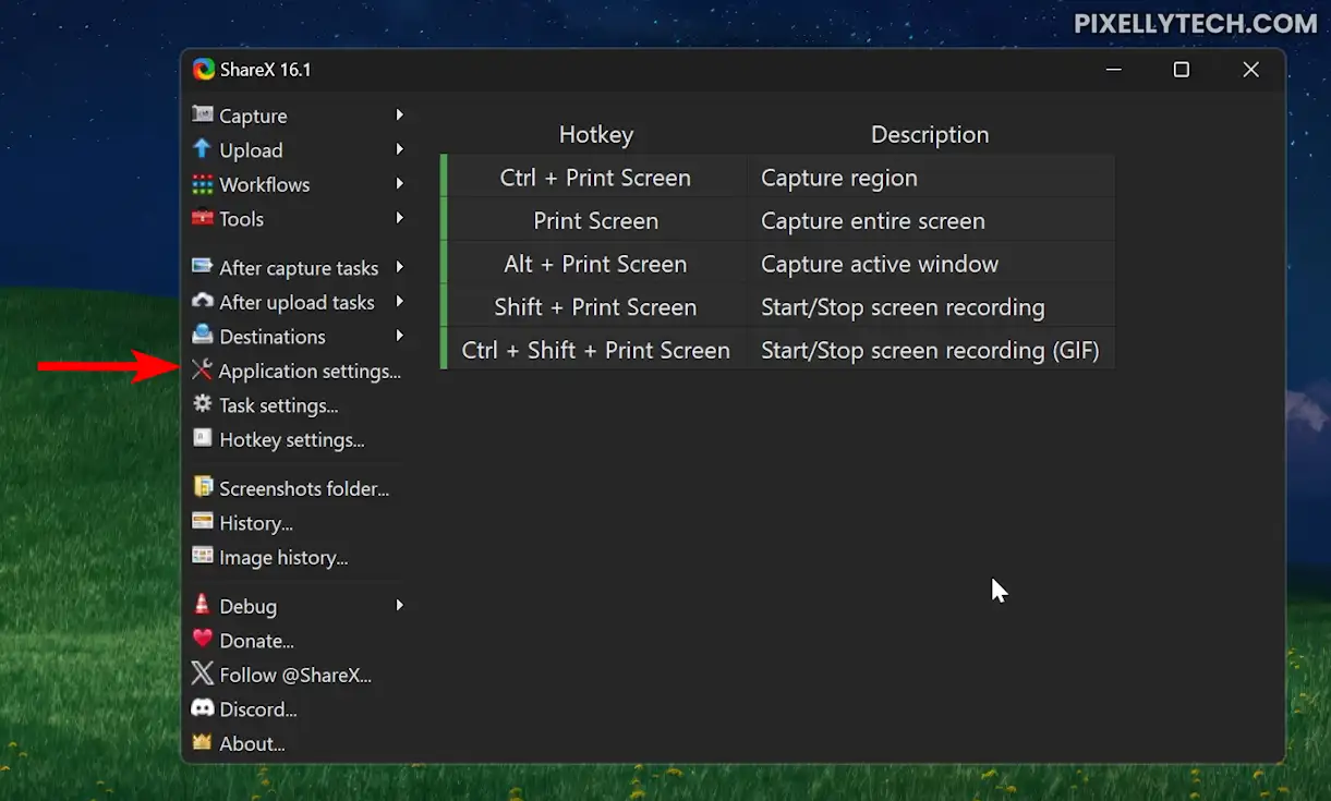 ShareX Head To Application Settings