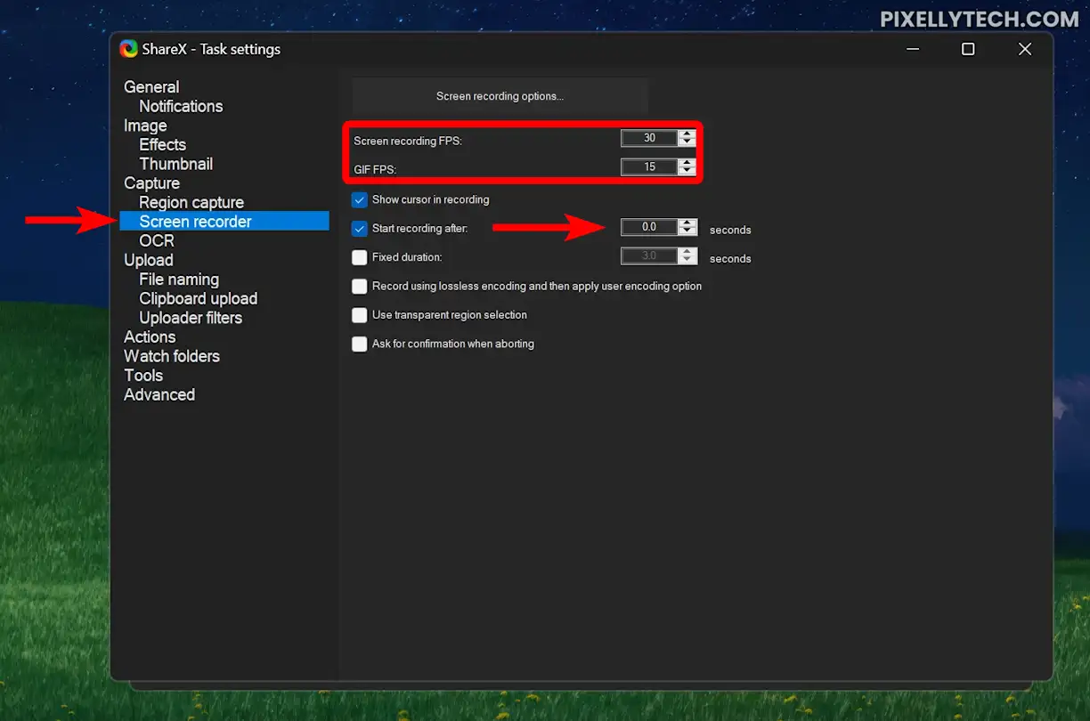 ShareX Screen Recoder Settings