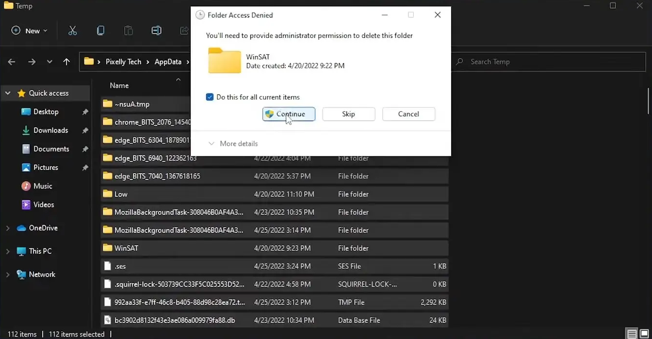 Confirm file deletion inside %temp% folder